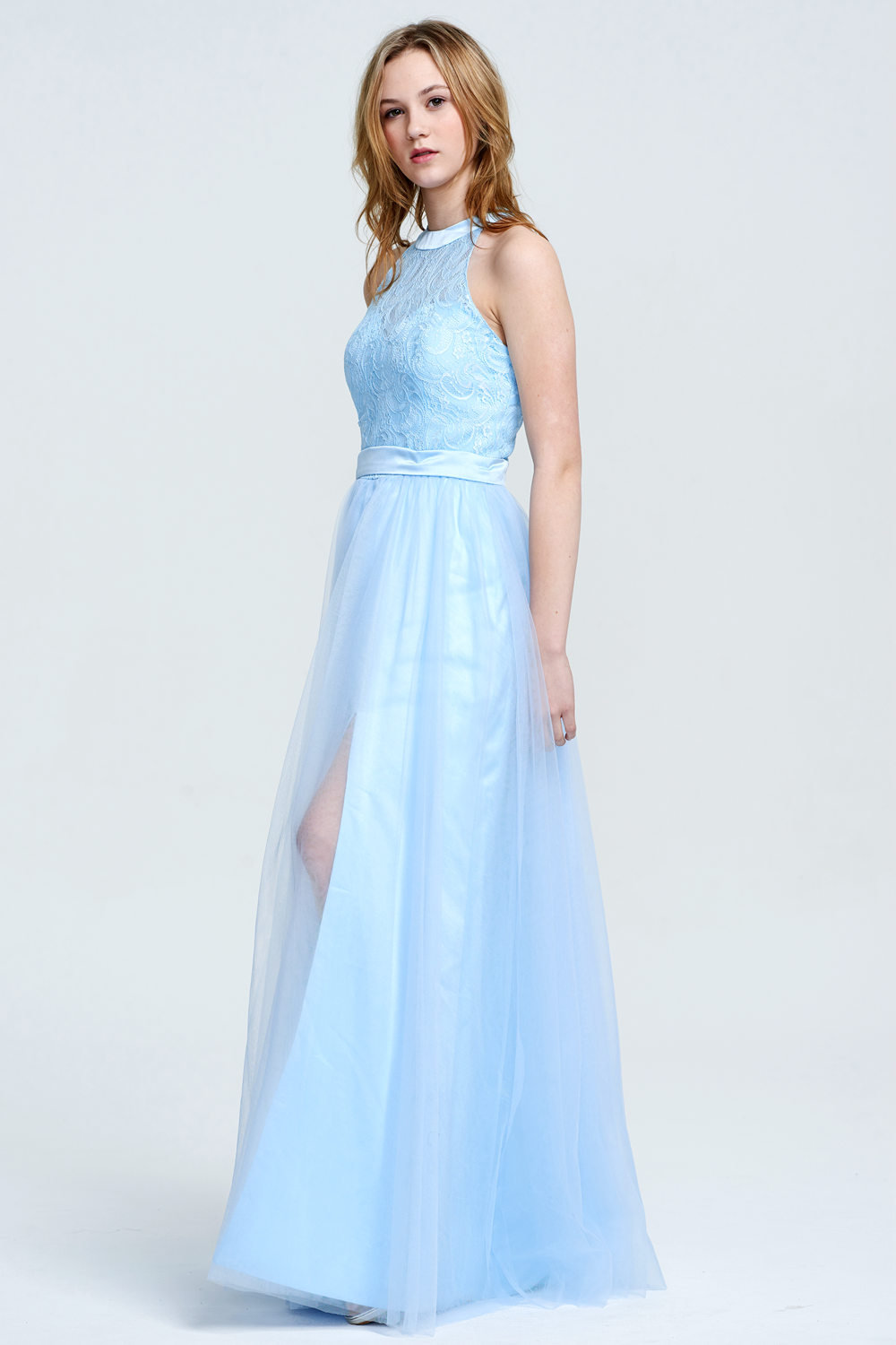 Illusion-Back Halter Lace and Tulle A-Line Evening Gown
