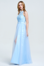 Sky Blue Halter Lace Bodice Sheer Floor-Length Tulle Evening Dress