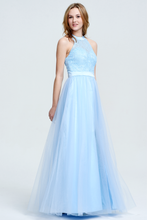 Sky Blue Halter Lace Bodice Sheer Floor-Length Tulle Evening Dress