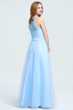 Sky Blue Halter Lace Bodice Sheer Floor-Length Tulle Evening Dress