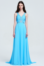 V-Neck Sleeveless Ruched Backless Beaded Chiffon Evening Gown