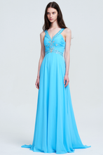 V-Neck Sleeveless Ruched Backless Beaded Chiffon Evening Gown