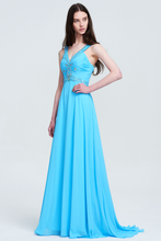 V-Neck Sleeveless Ruched Backless Beaded Chiffon Evening Gown