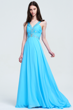 V-Neck Sleeveless Ruched Backless Beaded Chiffon Evening Gown