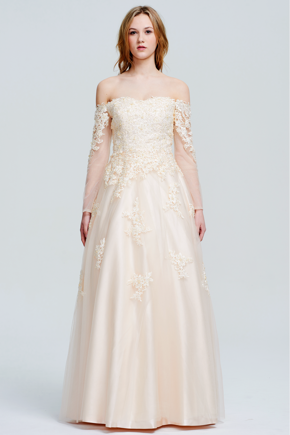 Off-the-Shoulder Long-Sleeve Lace-Applique Tulle Wedding Ball Gown