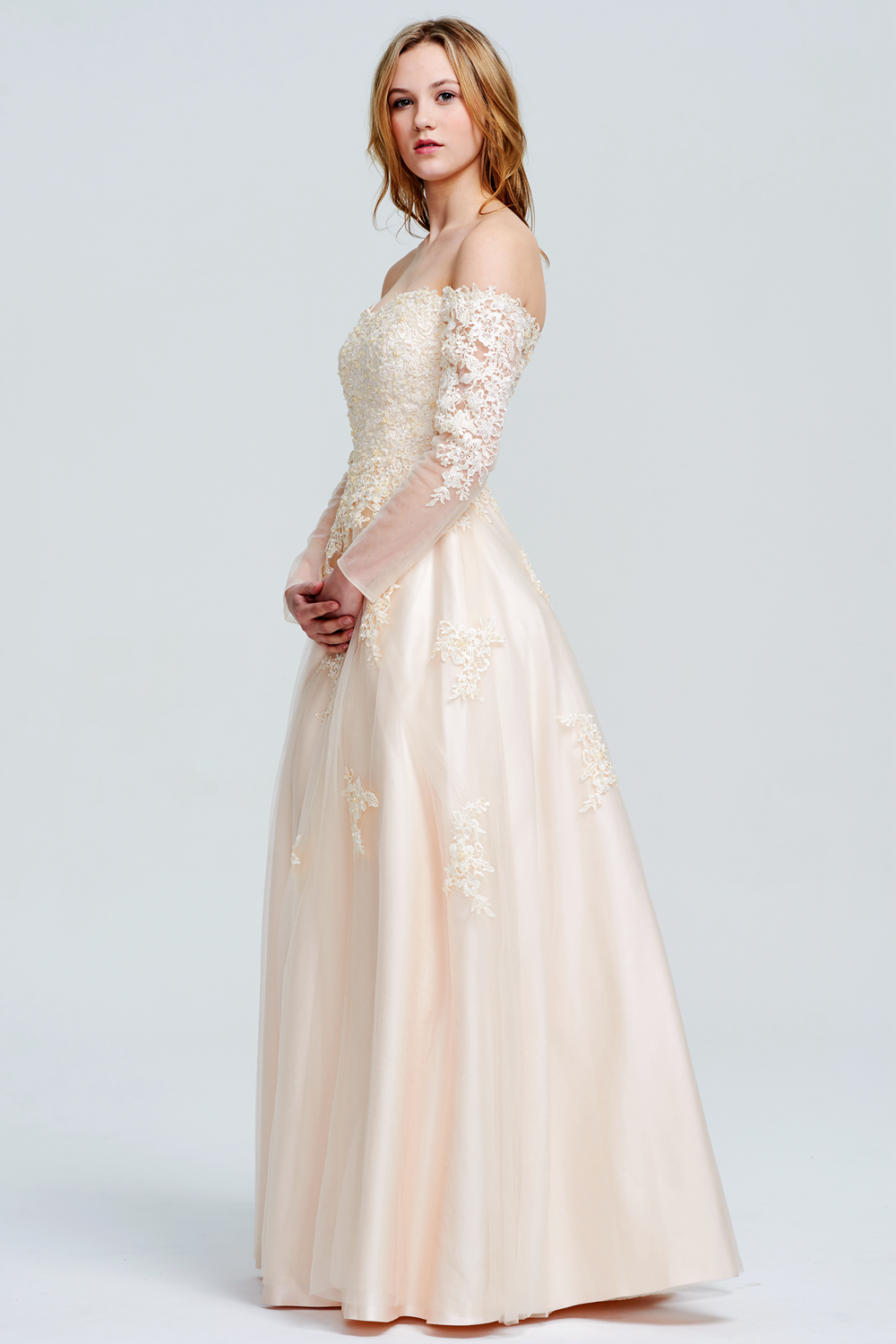 Off-the-Shoulder Long-Sleeve Lace-Applique Tulle Wedding Ball Gown