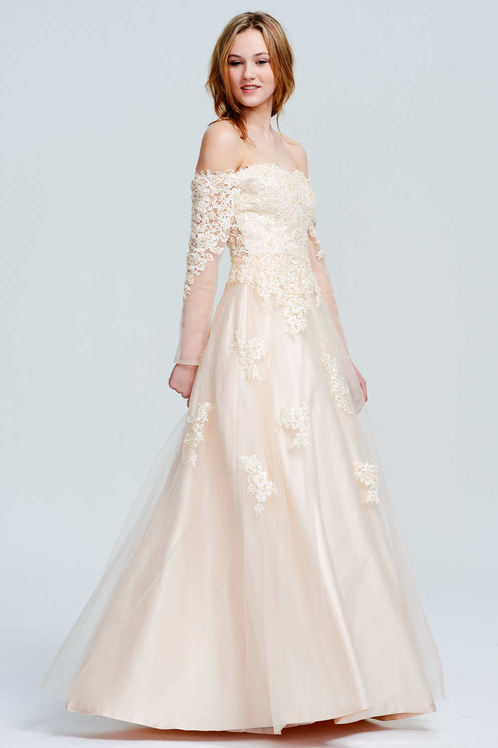 Off-the-Shoulder Long-Sleeve Lace-Applique Tulle Wedding Ball Gown
