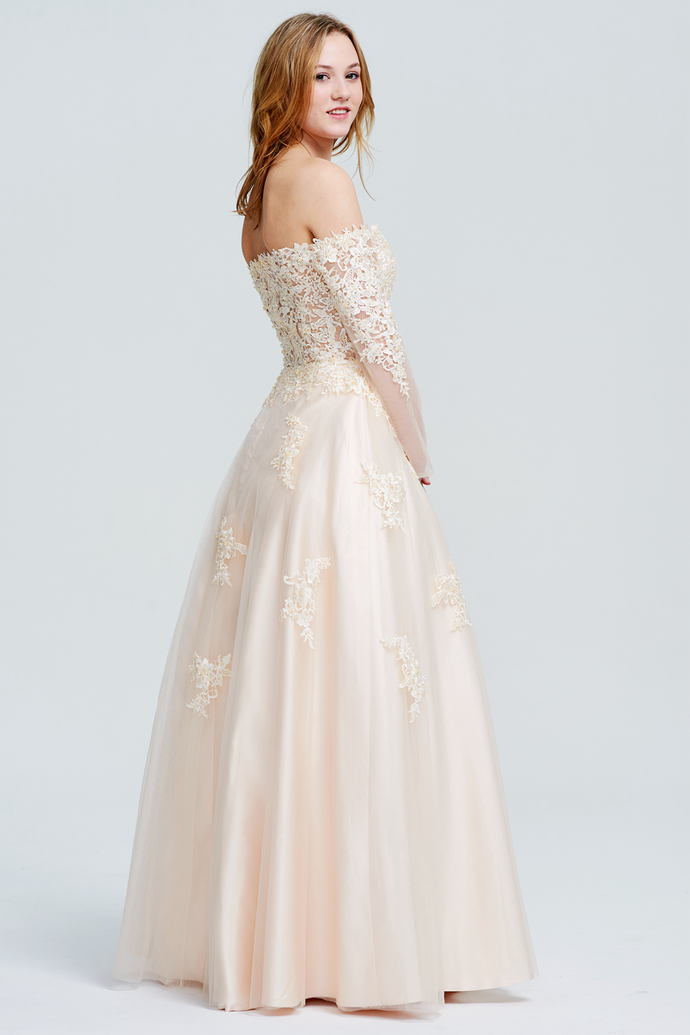 Off-the-Shoulder Long-Sleeve Lace-Applique Tulle Wedding Ball Gown