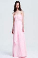 Blush Strapless Embellished Chiffon Prom Gown with Draped Sash
