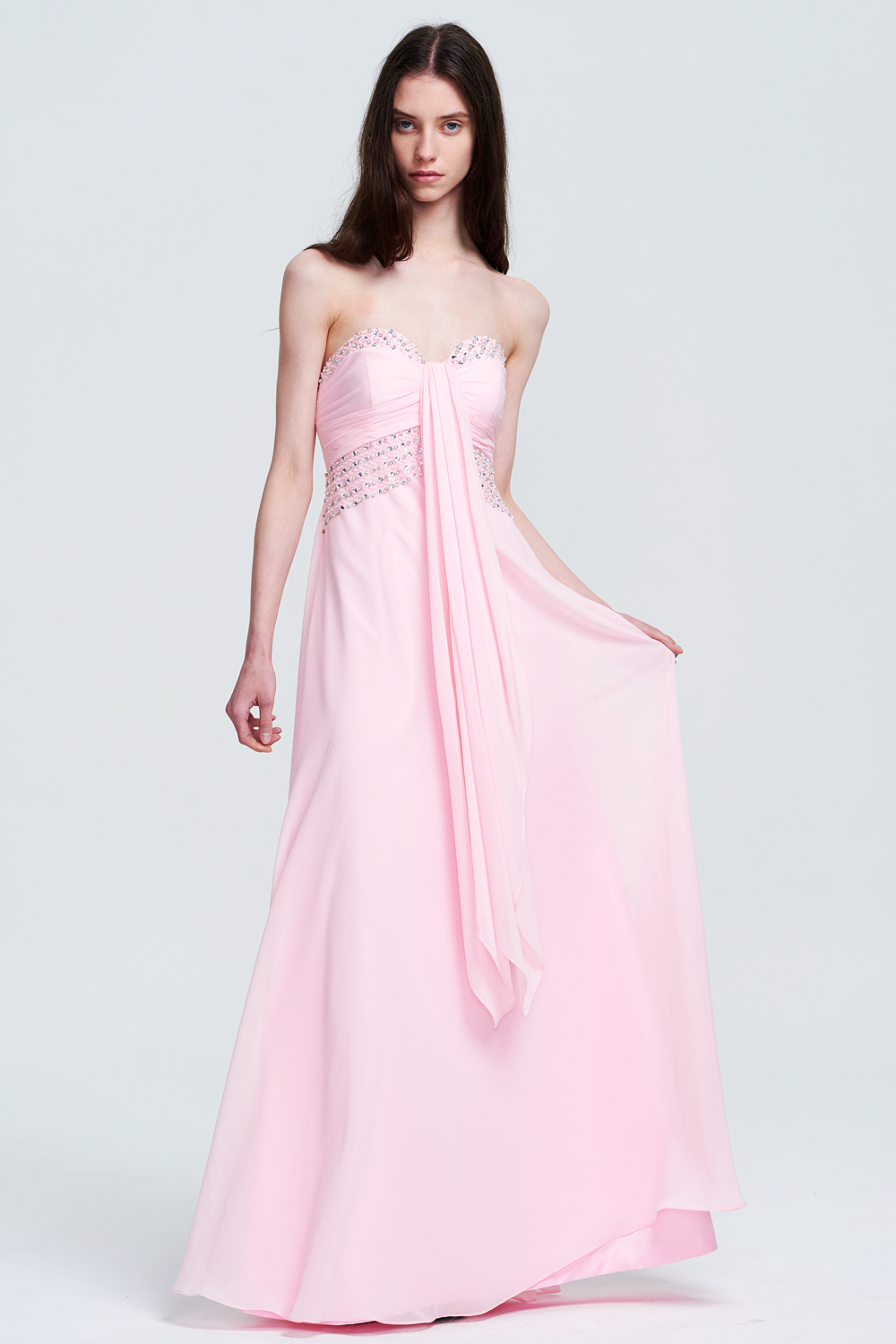 Blush Strapless Embellished Chiffon Prom Gown with Draped Sash