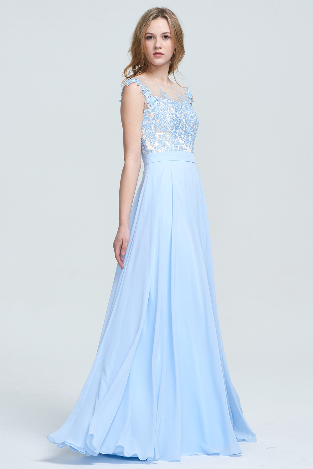 Cap-Sleeve Illusion-Neck Lace and Chiffon A-Line Bridesmaid Dress