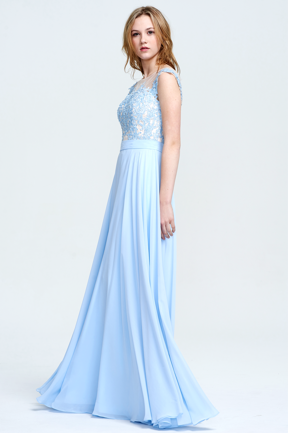 Cap-Sleeve Illusion-Neck Lace and Chiffon A-Line Bridesmaid Dress