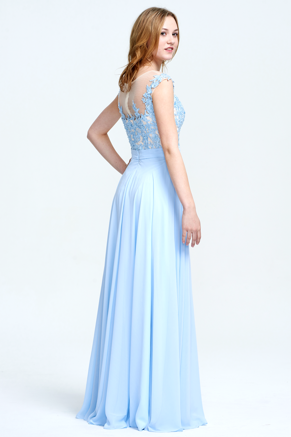 Cap-Sleeve Illusion-Neck Lace and Chiffon A-Line Bridesmaid Dress