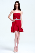 Red Strapless Ruched Chiffon Cocktail Dress with Embellished Belt