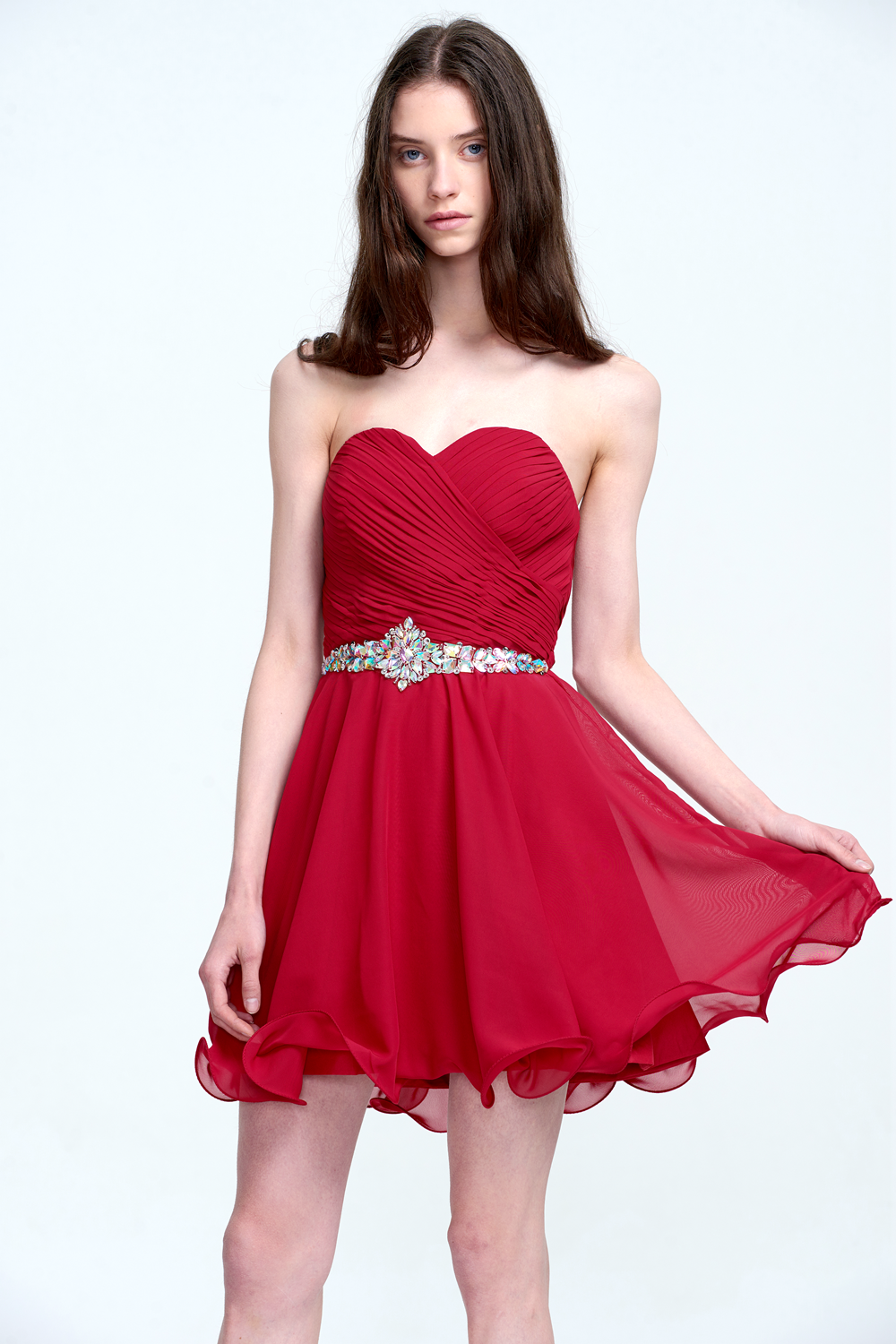 Red Strapless Ruched Chiffon Cocktail Dress with Embellished Belt Secondary image