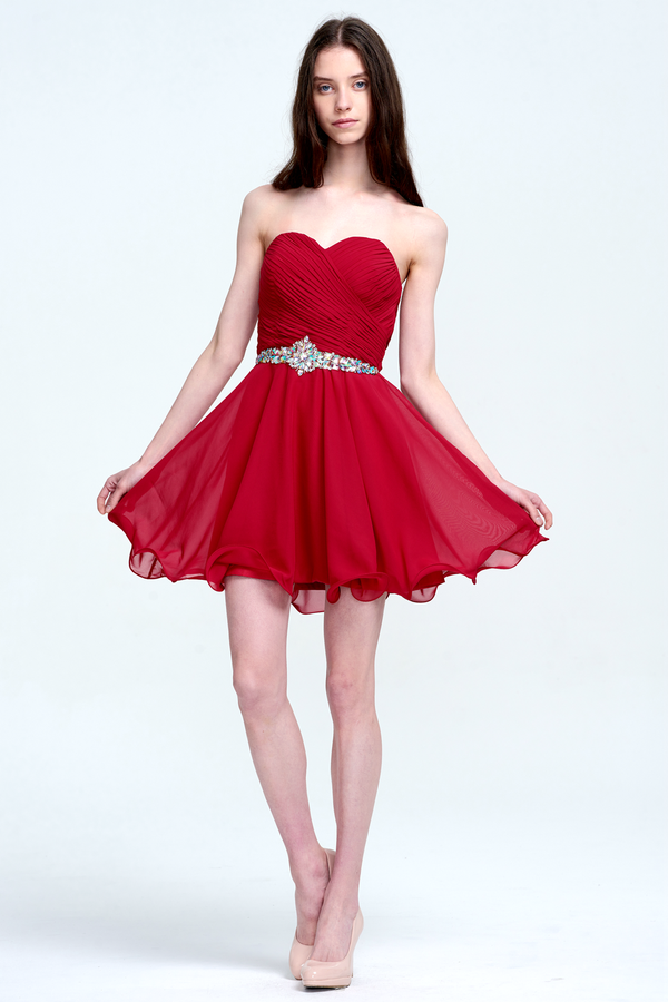 Ruby Red Ruched Sweetheart Chiffon A-Line Short Cocktail Dress