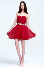 Red Strapless Ruched Chiffon Cocktail Dress with Embellished Belt