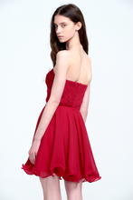 Red Strapless Ruched Chiffon Cocktail Dress with Embellished Belt