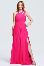Fuchsia One-Shoulder Beaded Chiffon Prom Gown with Slit