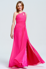 Fuchsia One-Shoulder Beaded Chiffon Prom Gown with Slit