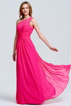 Fuchsia One-Shoulder Beaded Chiffon Prom Gown with Slit