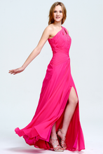 Fuchsia One-Shoulder Beaded Chiffon Prom Gown with Slit