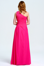 Fuchsia One-Shoulder Beaded Chiffon Prom Gown with Slit