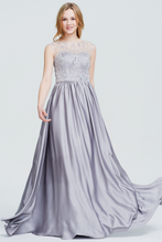 A-Line High Neck Floor-Length Satin Prom Dress With Beading