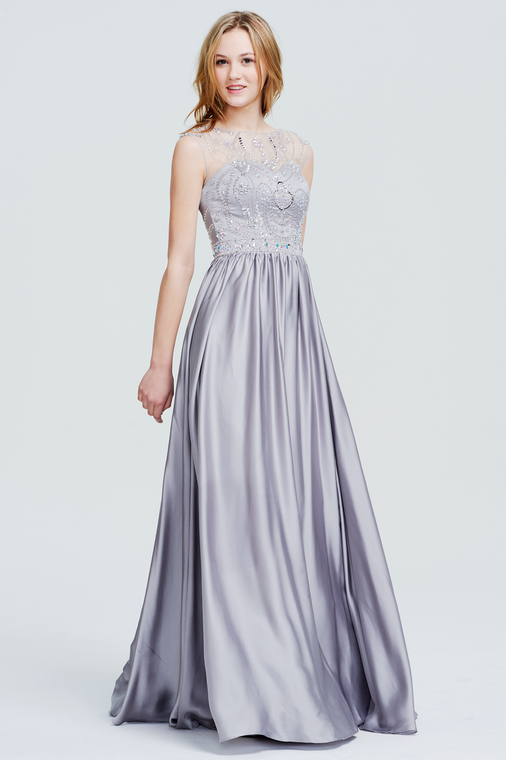 A-Line High Neck Floor-Length Satin Prom Dress With Beading