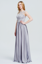 A-Line High Neck Floor-Length Satin Prom Dress With Beading