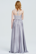 A-Line High Neck Floor-Length Satin Prom Dress With Beading