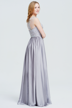 A-Line High Neck Floor-Length Satin Prom Dress With Beading