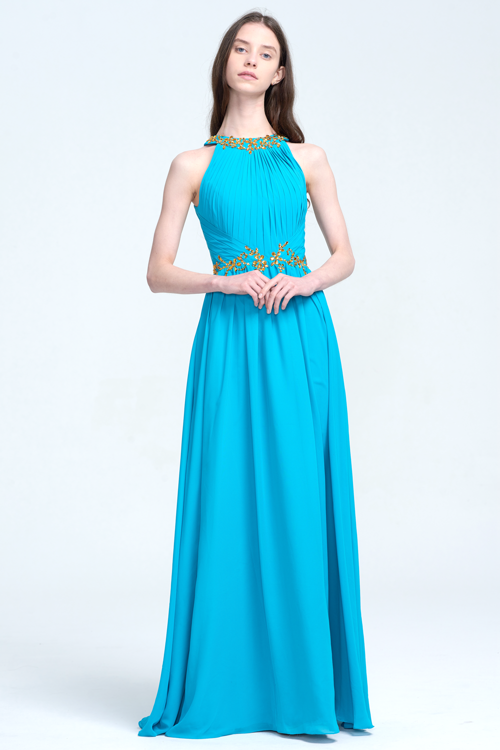 High Neckline with Gold-Beaded Embellished Chiffon Prom Dress