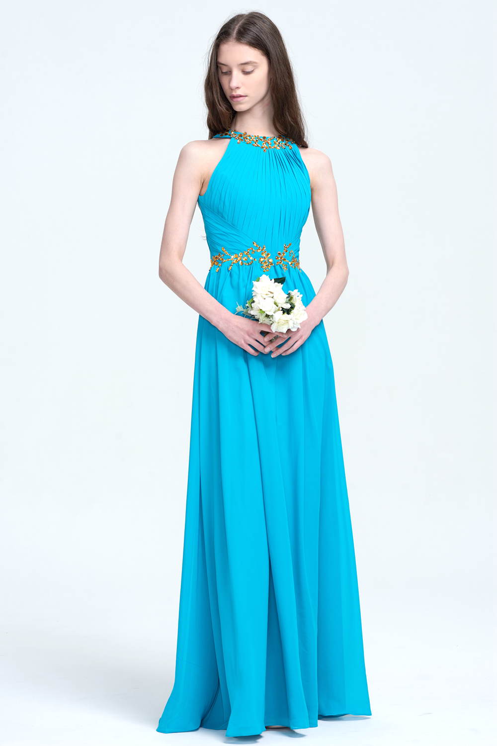 Ruched High-Neck Chiffon A-Line Bridesmaid Dress