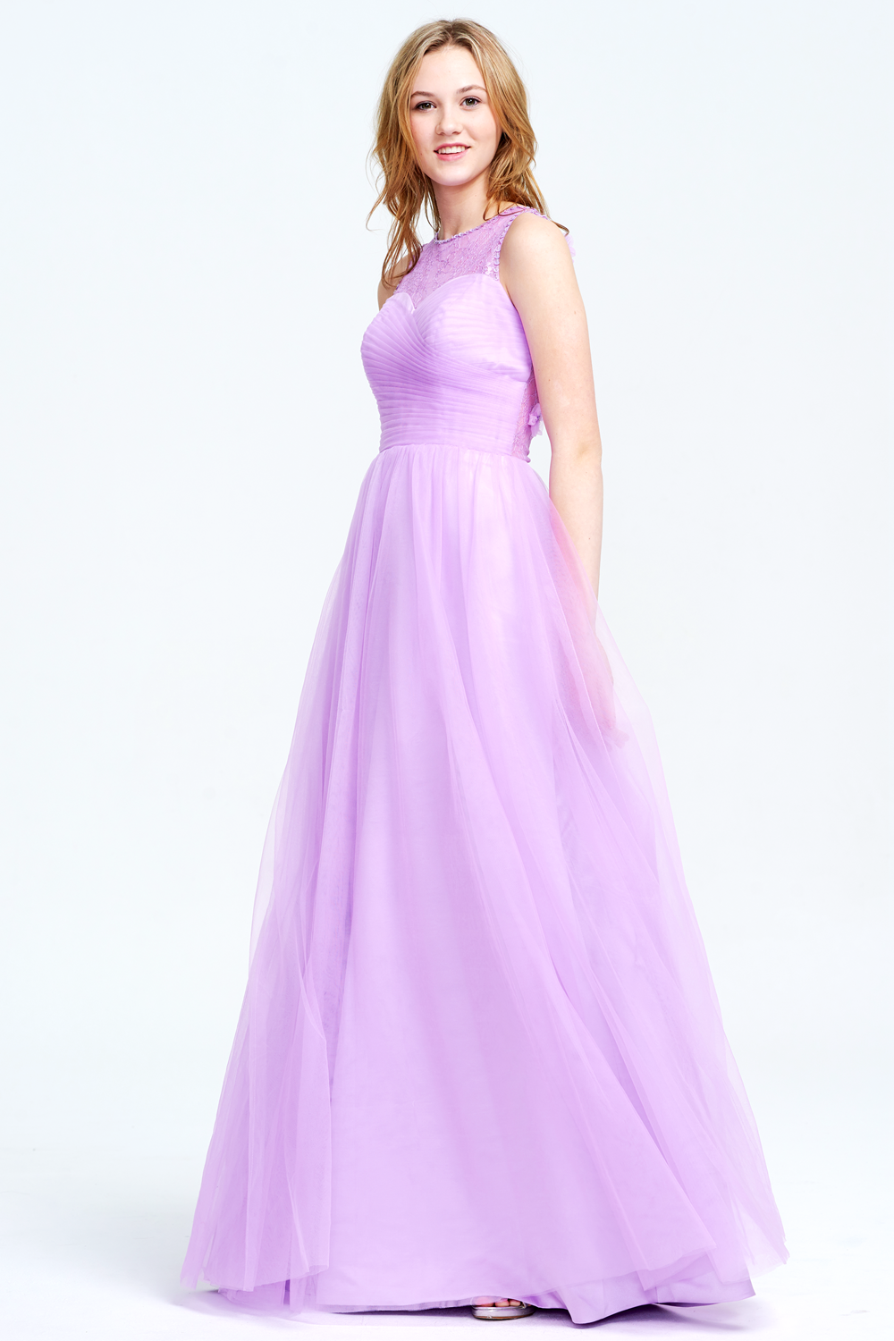 Lilac Illusion Neckline Ruched Halter Straps Tulle Prom/Evening Gown