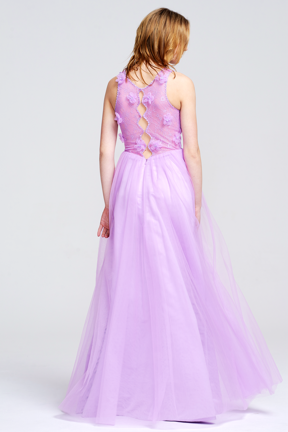 Tulle A-Line Prom Dress with Floral Appliques and Back Cutouts