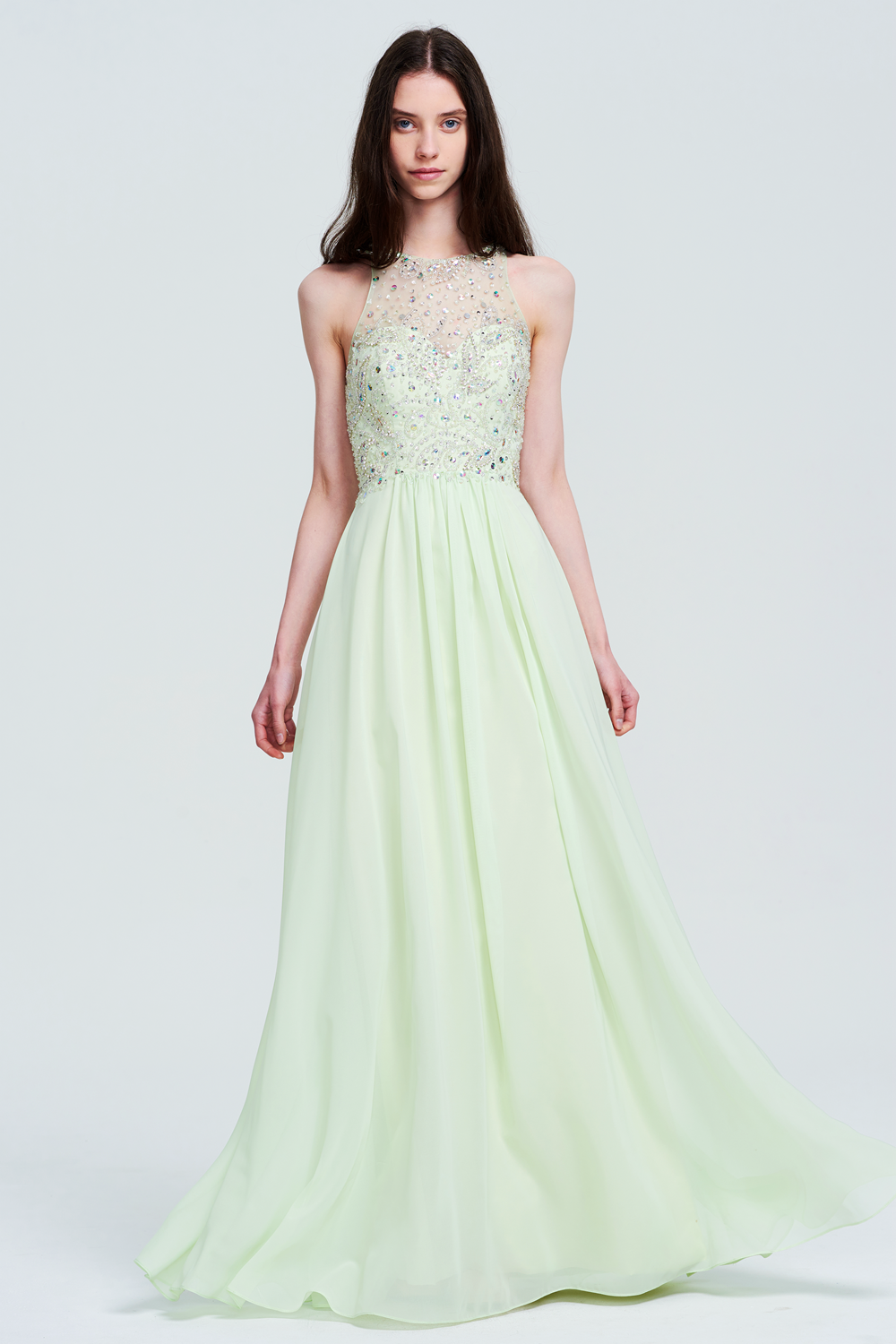 Mint Green Beaded Halter Neckline Chiffon Evening Gown