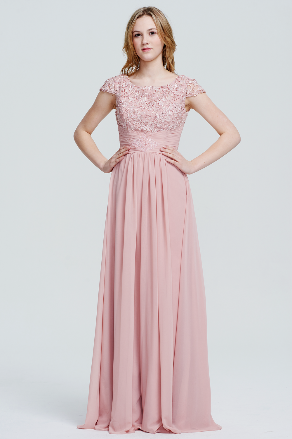 Pearl Pink Lace-Embellished Sleeveless Chiffon Bridesmaid Gown Main image