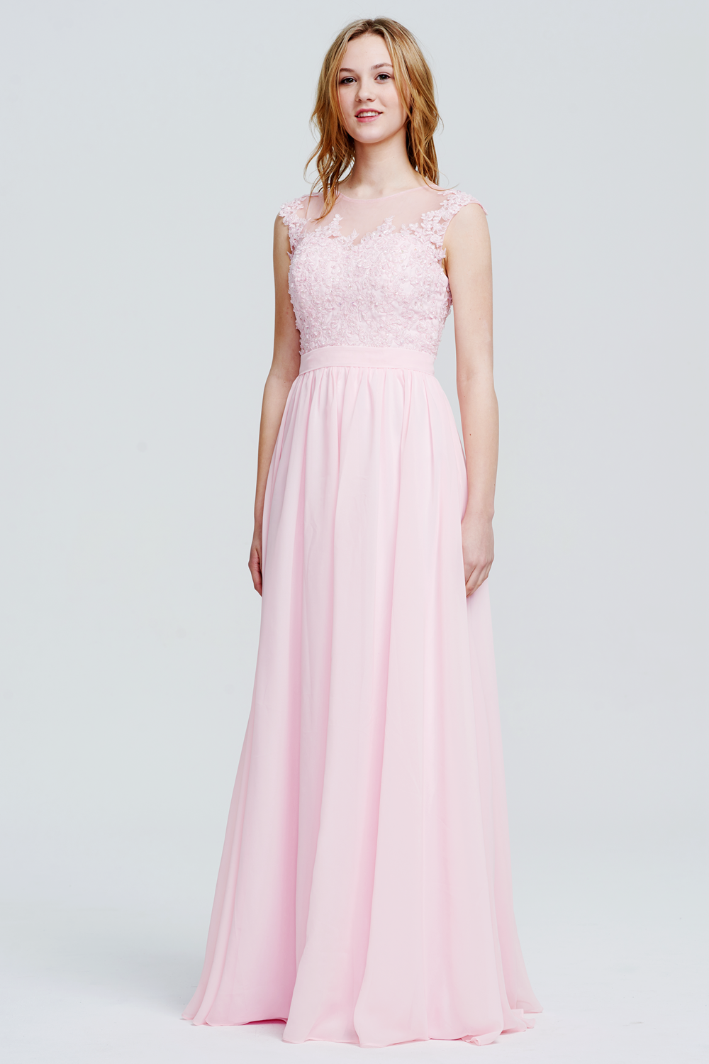 Illusion-Back Lace-Applique Chiffon A-Line Bridesmaid Dress