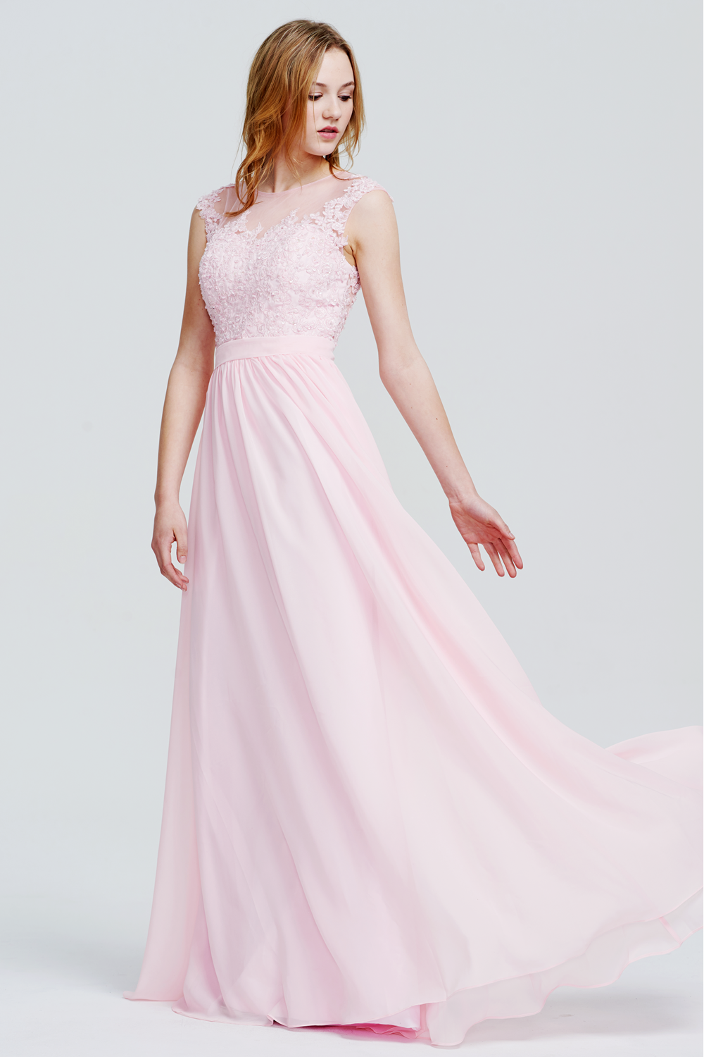 Illusion-Back Lace-Applique Chiffon A-Line Bridesmaid Dress