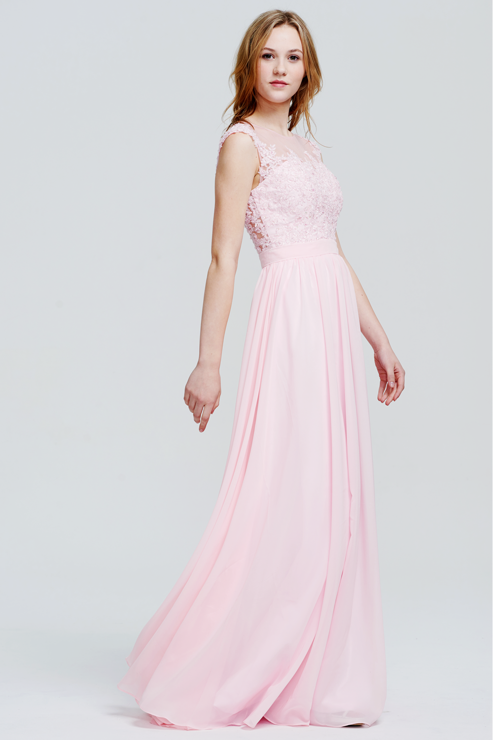 Illusion-Back Lace-Applique Chiffon A-Line Bridesmaid Dress