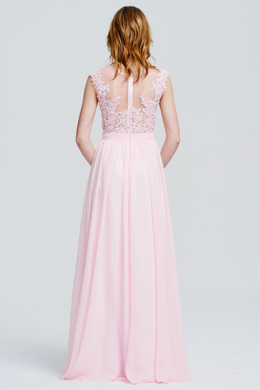 Illusion-Back Lace-Applique Chiffon A-Line Bridesmaid Dress