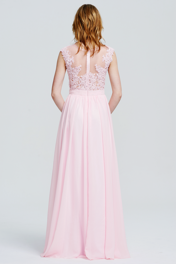 Blushing Pink Illusion-Back Lace-Applique Chiffon A-Line Bridesmaid Dress