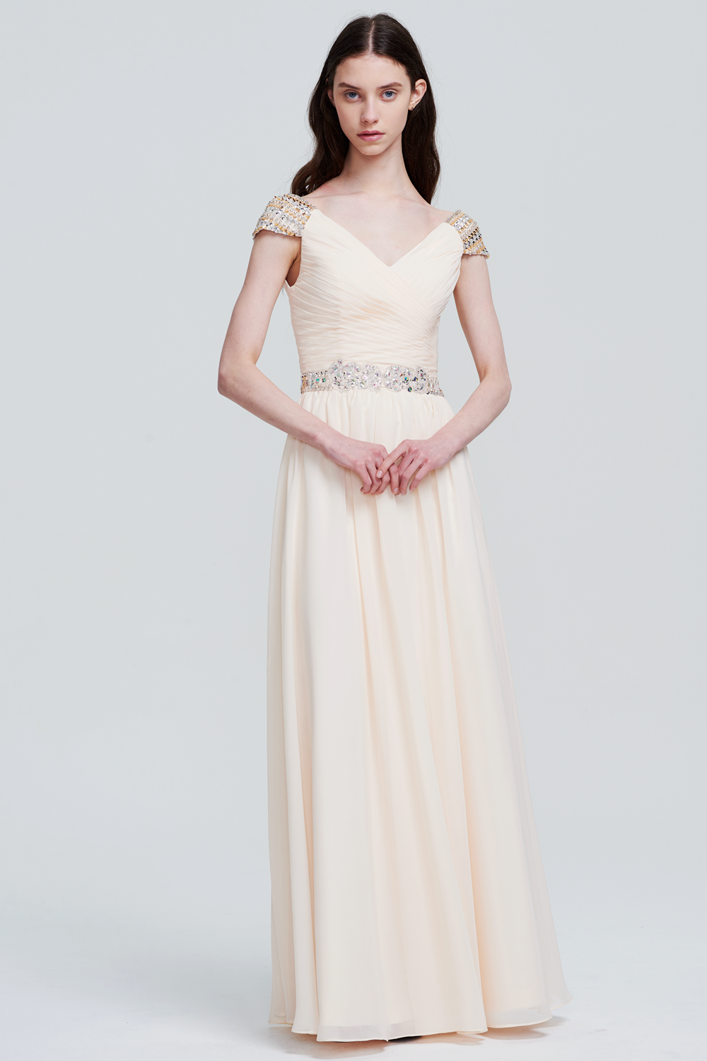 Graceful V-Neck Pleated Cap-Sleeve Ivory Chiffon Bridesmaid Dress Main image