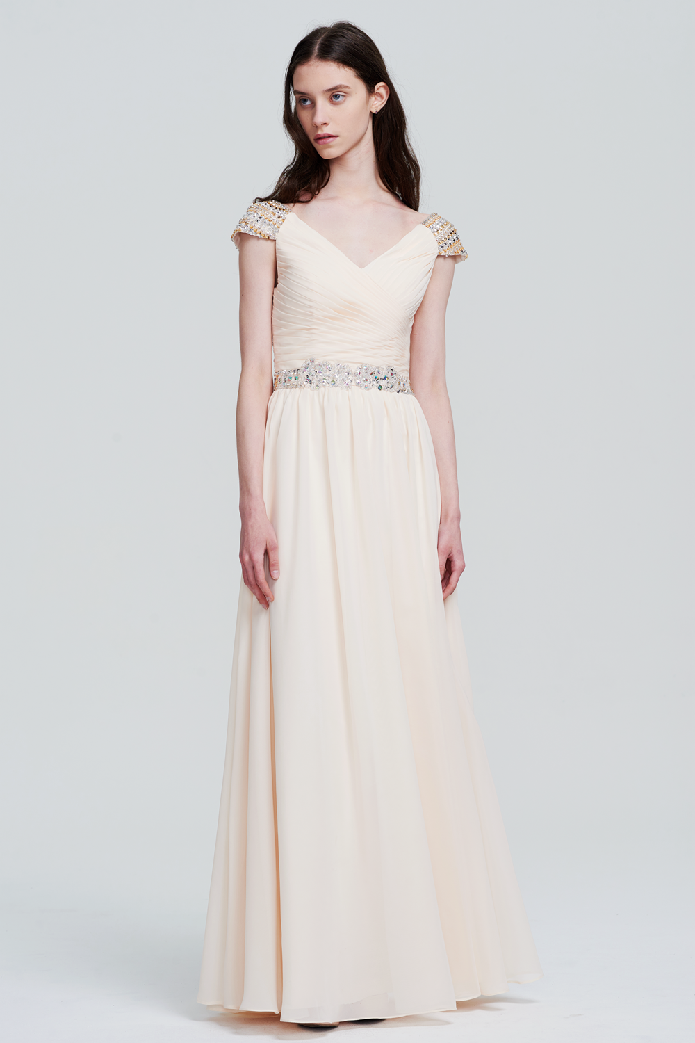 Graceful V-Neck Pleated Cap-Sleeve Ivory Chiffon Bridesmaid Dress