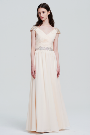 Ivory Ruched Cap-Sleeve Chiffon A-Line Bridesmaid Dress
