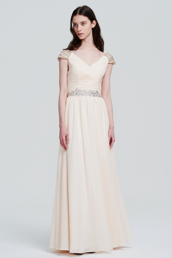 Ivory Ruched Cap-Sleeve Chiffon A-Line Bridesmaid Dress