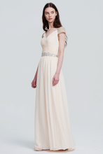 Graceful V-Neck Pleated Cap-Sleeve Ivory Chiffon Bridesmaid Dress