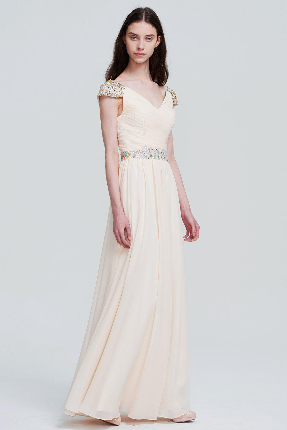Ruched Cap-Sleeve Chiffon A-Line Bridesmaid Dress