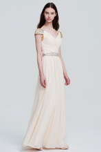 Graceful V-Neck Pleated Cap-Sleeve Ivory Chiffon Bridesmaid Dress